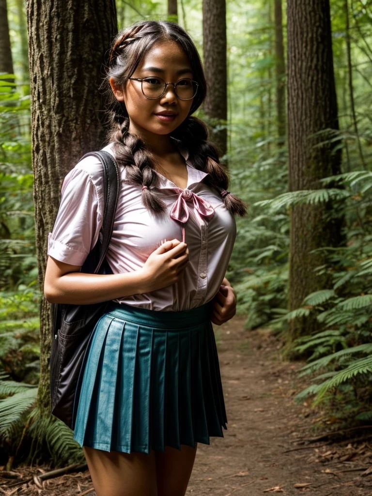 Beautiful filipina, ((in the dim place, in the deep forest, near the river, mountains, dark hour of down)), (((round face))), (blush, open mouth), (eccentric pose, showing off her light pubic hair and genitals, large areolas, swollen nipples, glossy lips), stylish eye glasses, (young woman, ribbon, thick braid, pleated skirt, summer shirt, school bag),