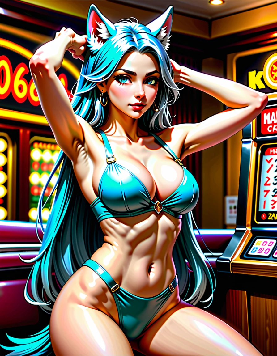 1girl, beautiful detailed wolf ears, (beautiful detailed wolf nose and lips:1.8), long gray hair, beautiful detailed skin, slim fit body, large breasts, six pack abs, bunny girl costume, twe hands up showing armpits, casino background, (best quality,4k,8k,highres,masterpiece:1.2),ultra-detailed,(realistic,photorealistic,photo-realistic:1.37),detailed eyes, detailed face, gorgeous, elegant, striking