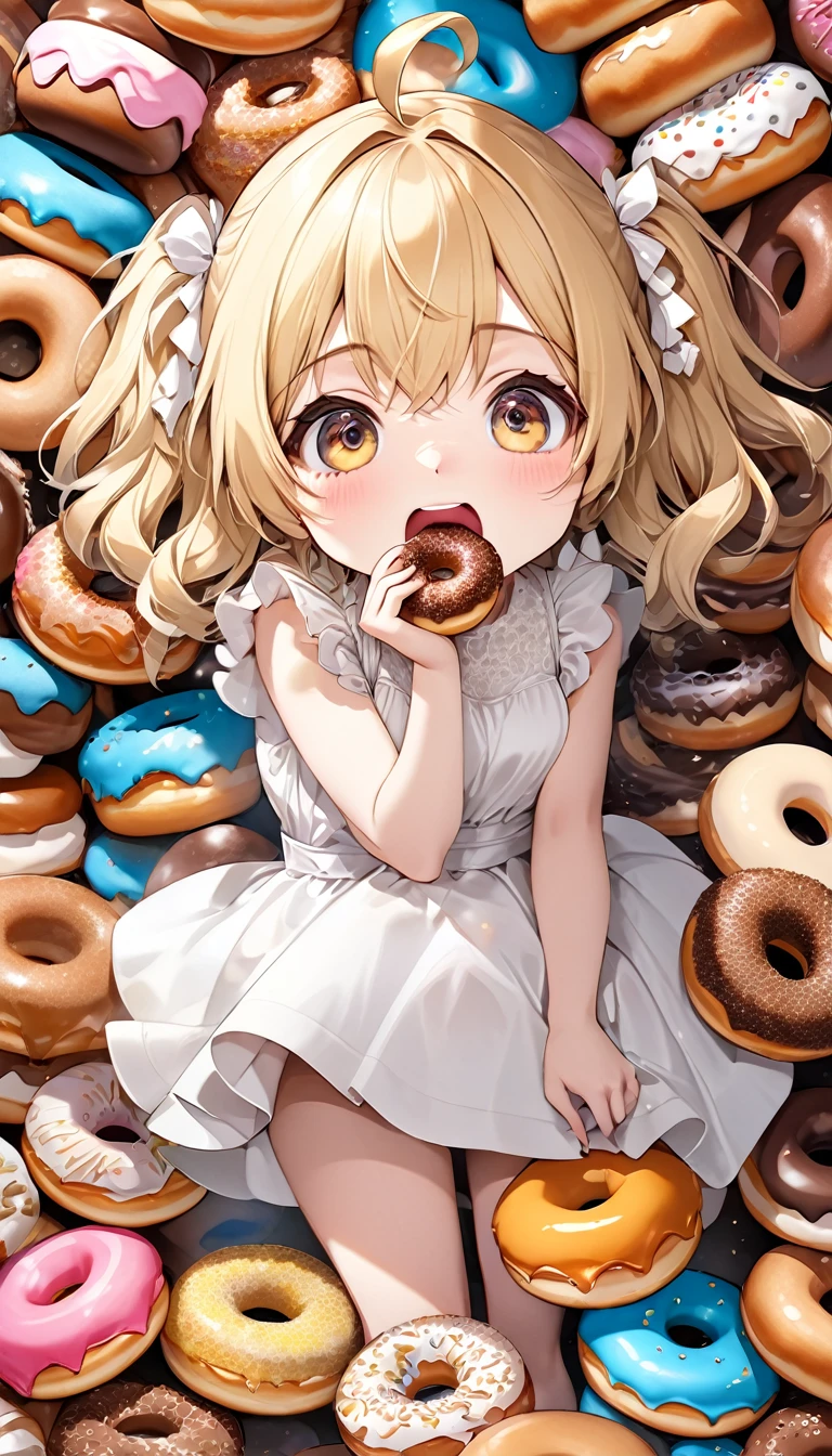 chibi, cute girl, blonde messy hair, ahoge, surrounded by many donuts, stuffing her mouth full of donuts, wearing white dress, smile, funny, (ultra detailed, absolutely resolution, best quality:1.3), 2.5D, delicate and dynamic, hyper realistic, artistic photography, graphic CG digital art, cartoon-style, shading effects, glitter effects, foggy filter effects, background many colorful donuts