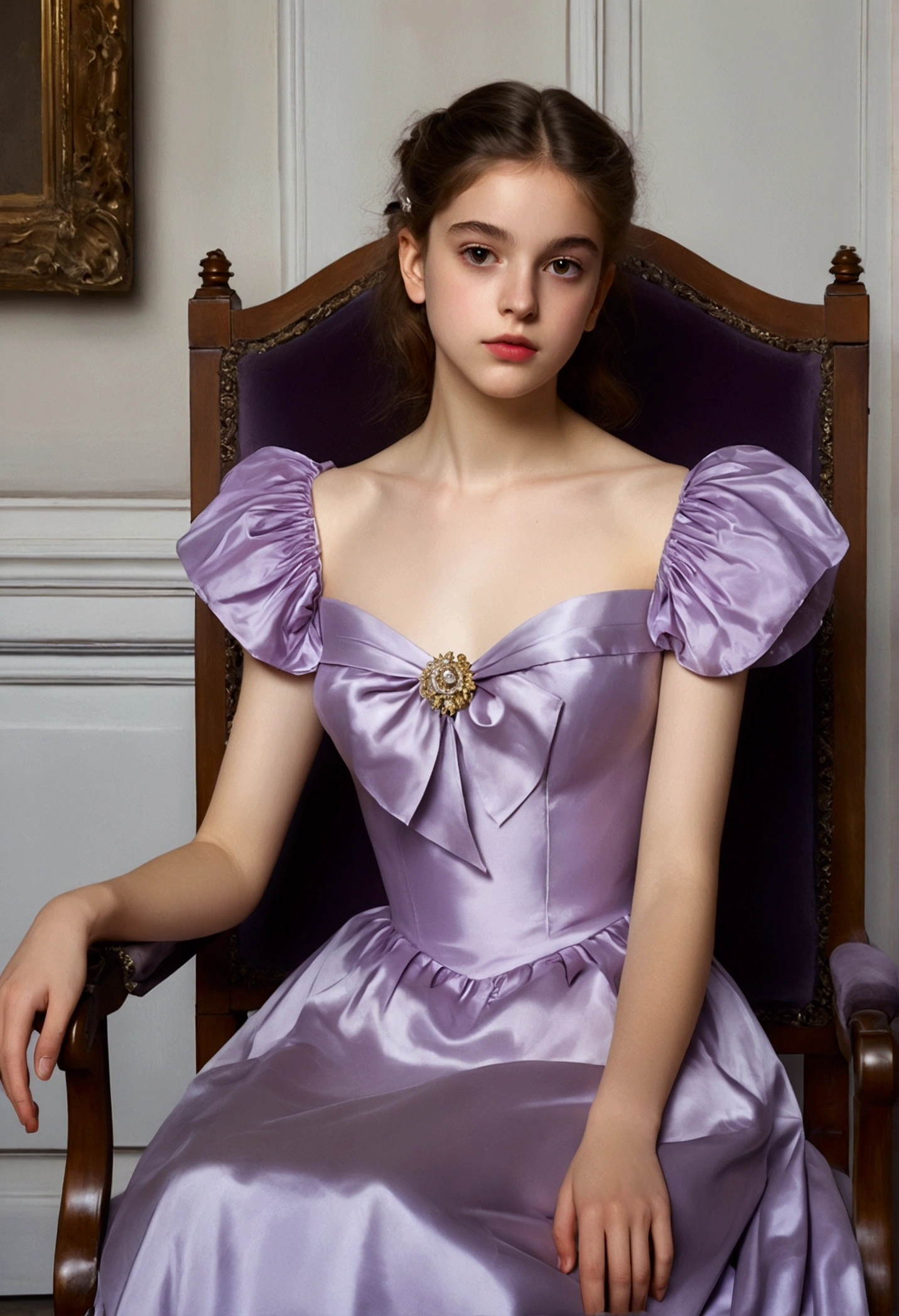 (masterpiece, highest quality:1.4) , (john singer sargent style), (oil painting), hd, highres, high detail, very pretty!!!! beautiful!!!!! young!!!!!!!! face, 16 year old beautiful girl, young beautiful!!!! pretty!!!! european girl sitting confidently, elegantly on a armchair, pale purple dress, , , looking at camera