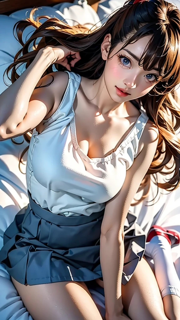 ((Highest quality, 8k, masterpiece:1.3, Realistic:1.3)), {{Lying in bed, From above, dakimakura}}, Japan , Single women,  very light brown hair, With bangs, ( socks, Thick tank top,Cotton Side Preserved Songs), Highly detailed face and skin texture, Detailed eyes, Detailed lips, Highly detailed hair, Pure Eros Face,  Embarrassed look, Natural Makeup:1.0,Skirt Lift,