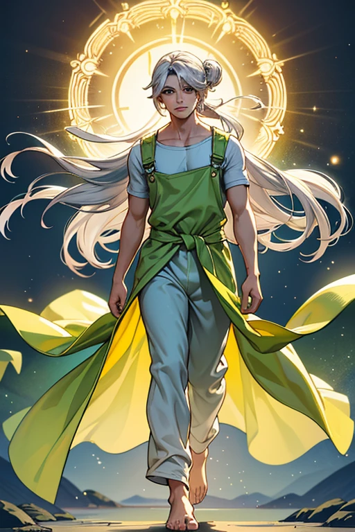 Full body image of a man of measured and defined build, radiating a serene and welcoming aura. Your hair is of medium length, with silver threads that shine in the light, neatly tied into a bun on top of the head. Their eyes, of an intense silver tone, convey calm and understanding, as if he could see directly into the soul of whoever looked at him. He wears a pair of sturdy fabric gardening overalls., but comfortably adjusted to your body, denoting an uncomplicated and functional style. About the jumpsuit, heavenly veils float, around the waist, in shades of green and yellow, that move gracefully with the breeze, as if they were an extension of your own essence. These veils, in addition to decorating, seem to emanate a soft glow, giving it an almost ethereal appearance. bare feet Your presence is enchanting, capable of bringing comfort and enchantment to those around you. With each movement, there's a touch of silver magic, reflecting your inherent power. He can make small objects levitate, or create patterns of silver light in the air with a simple gesture, a reflection of your gifts and your deep connection with the silver element. Your voice is calm and melodious, always full of understanding and empathy, easily gaining the trust and respect of everyone who meets him.