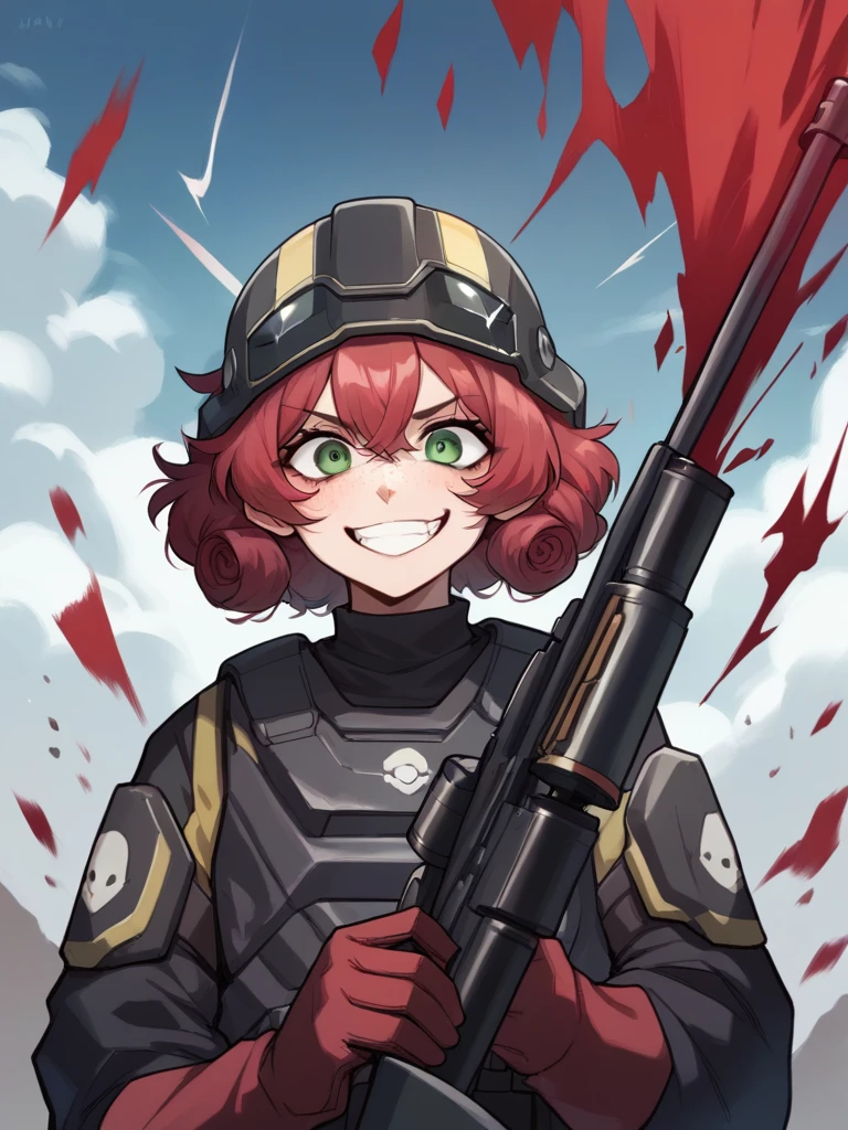 Female Helldiver Sniper without helmet, messy red hair, freckles, green eyes, and a burn scar on her left eye. Holding a sniper rifle. With a crazed grin. 34 year old