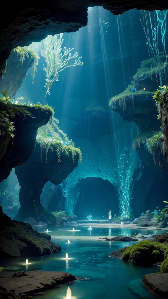 Secret cave, filled with seaglasses that serve as light sources, and bioluminescent flore scattered around, there's a giant pond that serves as it's entrance, pandora's flora, bioluminescent plants