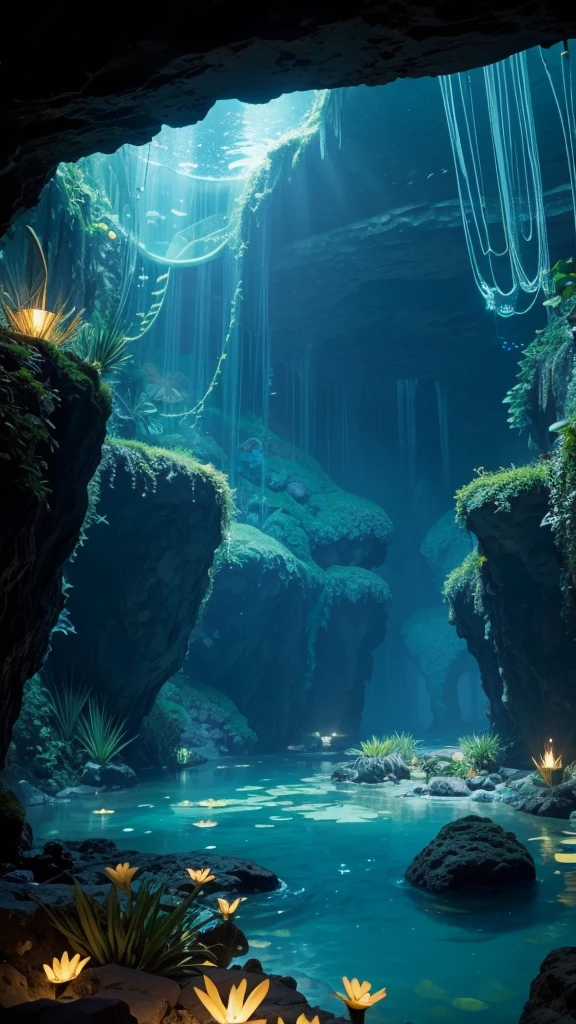 Secret cave, filled with seaglasses that serve as light sources, and bioluminescent flore scattered around, there's a giant pond that serves as it's entrance, pandora's flora, bioluminescent plants