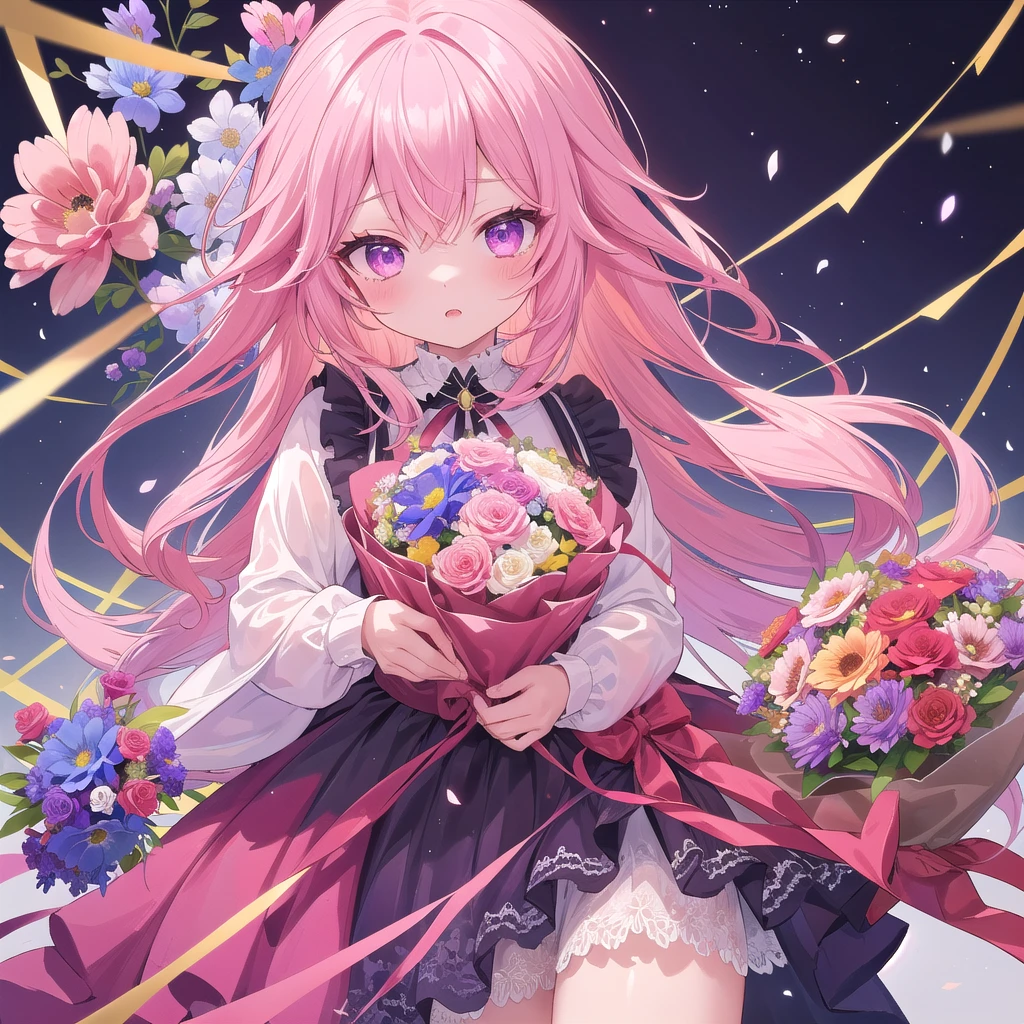 (ultra-Detailed background, Detailed background), absurd, high resolution, Extremely detailed, Extremely detailed, 1 Girl, Yae Yoshiko, Pink Hair, Purple Eyes, (A bouquet of flowers:1.3), (tangled:1.2), (Geometric:1.2),(rich and colorful),