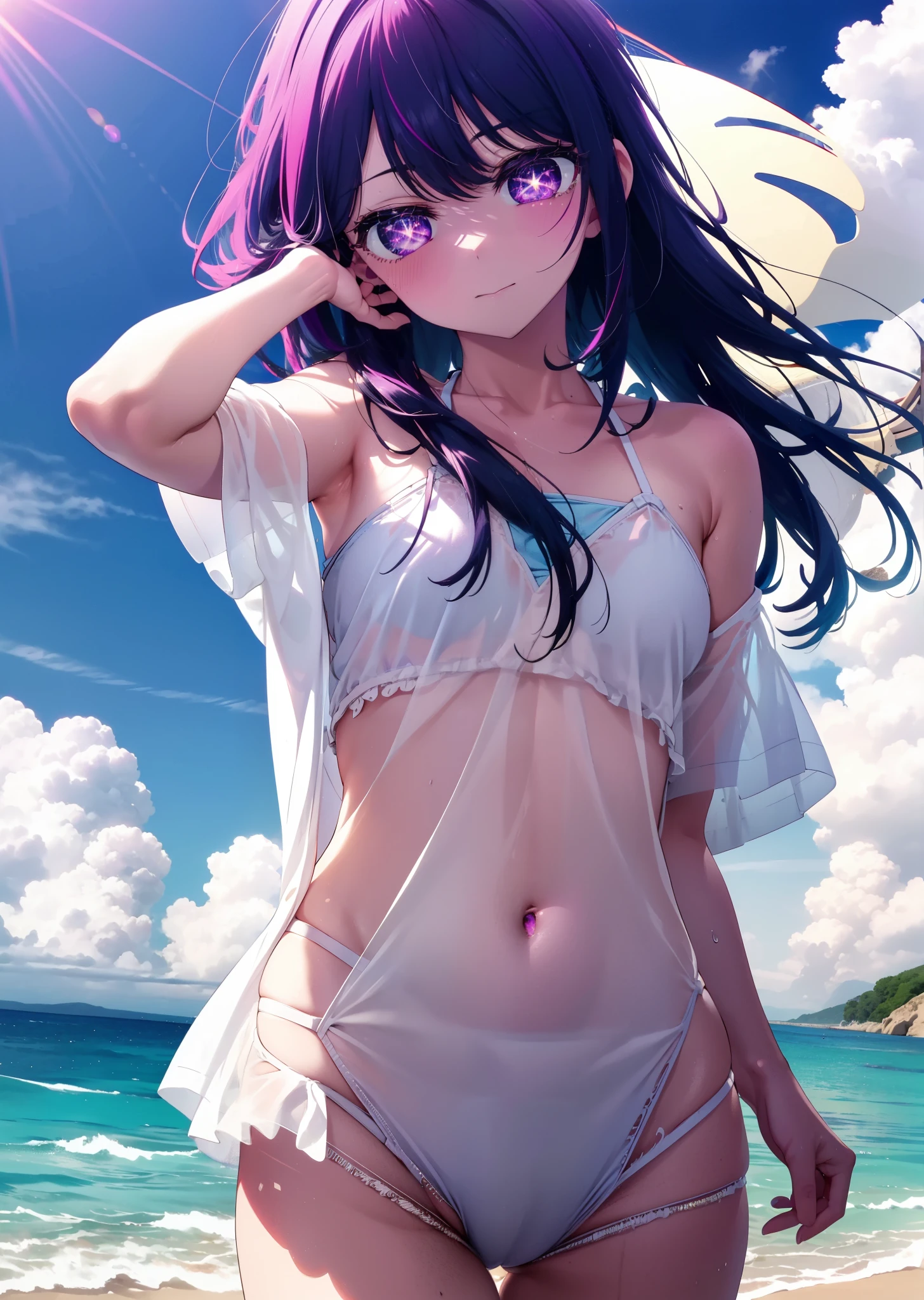 aihoshino, Ai Hoshino, Long Hair, bangs, (Purple eyes:1.1), Purple Hair, (Symbol-shaped pupil:1.5), smile,Open your mouth,Bikini Swimwear,Water Play,Clear skies,Daytime,True Summer,whole bodyがイラストに入るように,Stroll along the sandy beach,
break outdoors, Beach,
break looking at viewer, whole body,(Cowboy Shot:1. 5)
break (masterpiece:1.2), Highest quality, High resolution, unity 8k wallpaper,, (shape:0.8), (Beautiful attention to detail:1.6), Highly detailed face, Perfect lighting, Highly detailed CG, (Perfect hands, Perfect Anatomy),