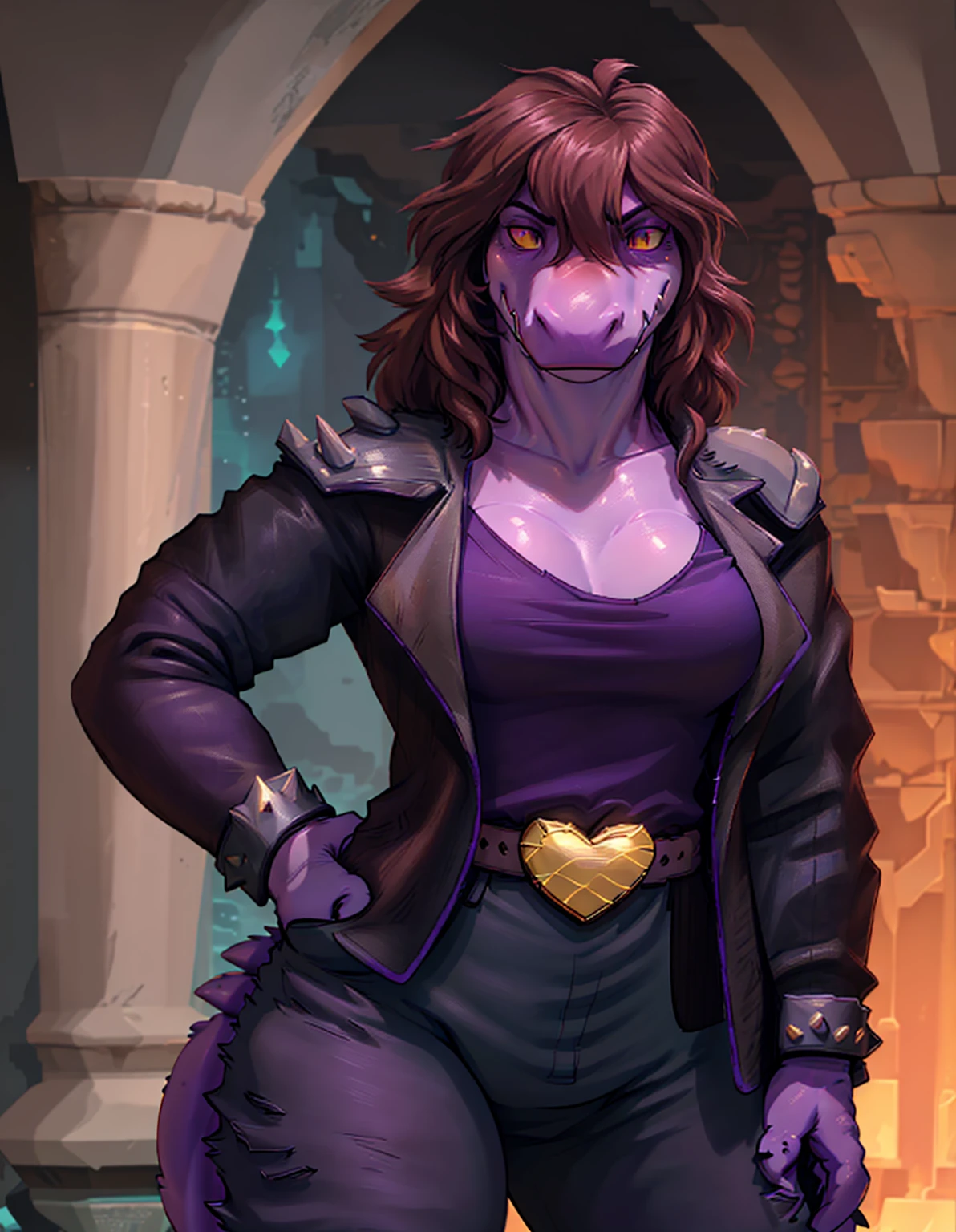 [susie], [participant rune], [Uploaded to E621.child; (pixel artist), (wamudraws), (work)], ((masterpiece)), ((High Definition)), ((high quality)), ((solo portrait)), ((Front view)), ((scales; the second)), ((detailed skin)), ((detailed shading)), ((beautiful rendering art)), ((intricate details)), {the second dinosaur; (athletic figure), purple scales, (reptile snout), pretty yellow eyes, (black pupils), (bags under the eyes), (Short eyelashes), (long thick brown hair), lizard long tail, (beautiful hips), (muscular legs), (angry), (frown)}, {(black leather jacket), (address shirt), (neckline), (hot pink baggy pants), (black boots), (gold heart shaped belt buckle), (pointed bracers)}, {(standing), (arms at the side), (looking at the viewer)}, [bottom; (dark purple cave), (cave), (remains), (Ambient lighting),(100 cm breasts)]