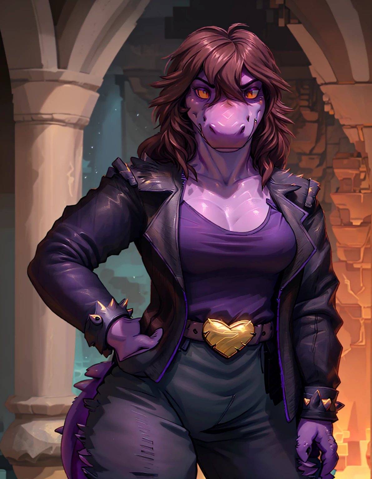 [susie], [participant rune], [Uploaded to E621.grandchild; (pixel artist), (wamudraws), (work)], ((masterpiece)), ((High Definition)), ((high quality)), ((solo portrait)), ((Front view)), ((scales; the second)), ((detailed skin)), ((detailed shading)), ((beautiful rendering art)), ((intricate details)), {the second dinosaur; (athletic figure), purple scales, (reptile snout), pretty yellow eyes, (black pupils), (bags under the eyes), (Short eyelashes), (long thick brown hair), lizard long tail, (beautiful hips), (muscular legs), (angry), (frown)}, {(black leather jacket), (address shirt), (neckline), (hot pink baggy pants), (black boots), (gold heart shaped belt buckle), (pointed bracers)}, {(standing), (arms at the side), (looking at the viewer)}, [bottom; (dark purple cave), (cave), (remains), (Ambient lighting),(100 cm breasts)]