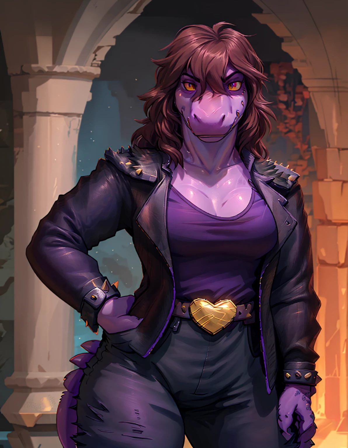 [susie], [participant rune], [Uploaded to E621.grandchild; (pixel artist), (wamudraws), (work)], ((masterpiece)), ((High Definition)), ((high quality)), ((solo portrait)), ((Front view)), ((scales; the second)), ((detailed skin)), ((detailed shading)), ((beautiful rendering art)), ((intricate details)), {the second dinosaur; (athletic figure), purple scales, (reptile snout), pretty yellow eyes, (black pupils), (bags under the eyes), (Short eyelashes), (long thick brown hair), lizard long tail, (beautiful hips), (muscular legs), (angry), (frown)}, {(black leather jacket), (address shirt), (neckline), (hot pink baggy pants), (black boots), (gold heart shaped belt buckle), (pointed bracers)}, {(standing), (arms at the side), (looking at the viewer)}, [bottom; (dark purple cave), (cave), (remains), (Ambient lighting),(100 cm breasts)]