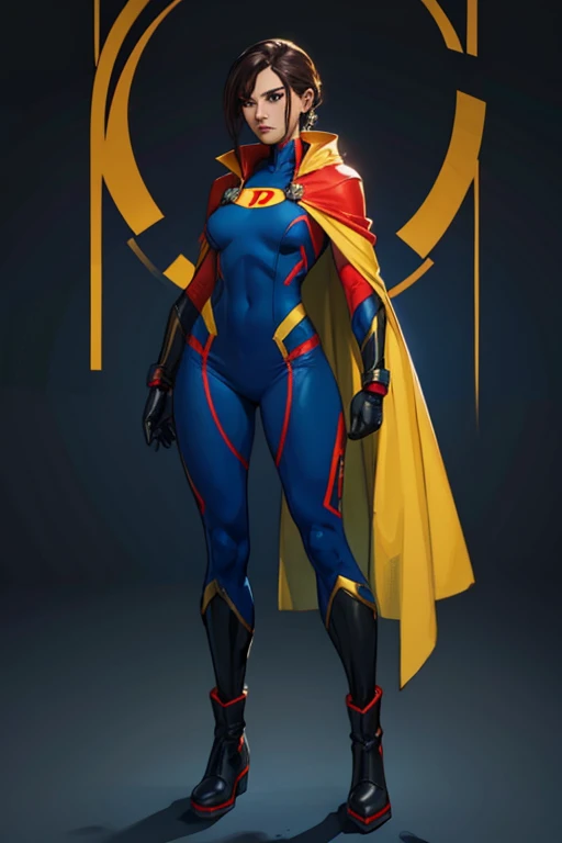 A female superhero with a yellow supersuit and a red with dark blue cape. She also has dark blue gloves and boots. The female superhero is brunette, her hair is dark and is tied