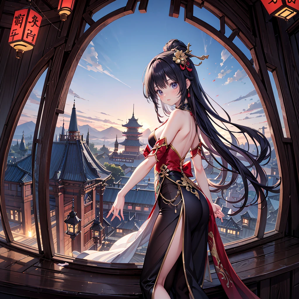 solo, 1 beautiful girl wearing chinese fantasy clothes, posing, stunning beautyfull fantasy world background, panorama view
