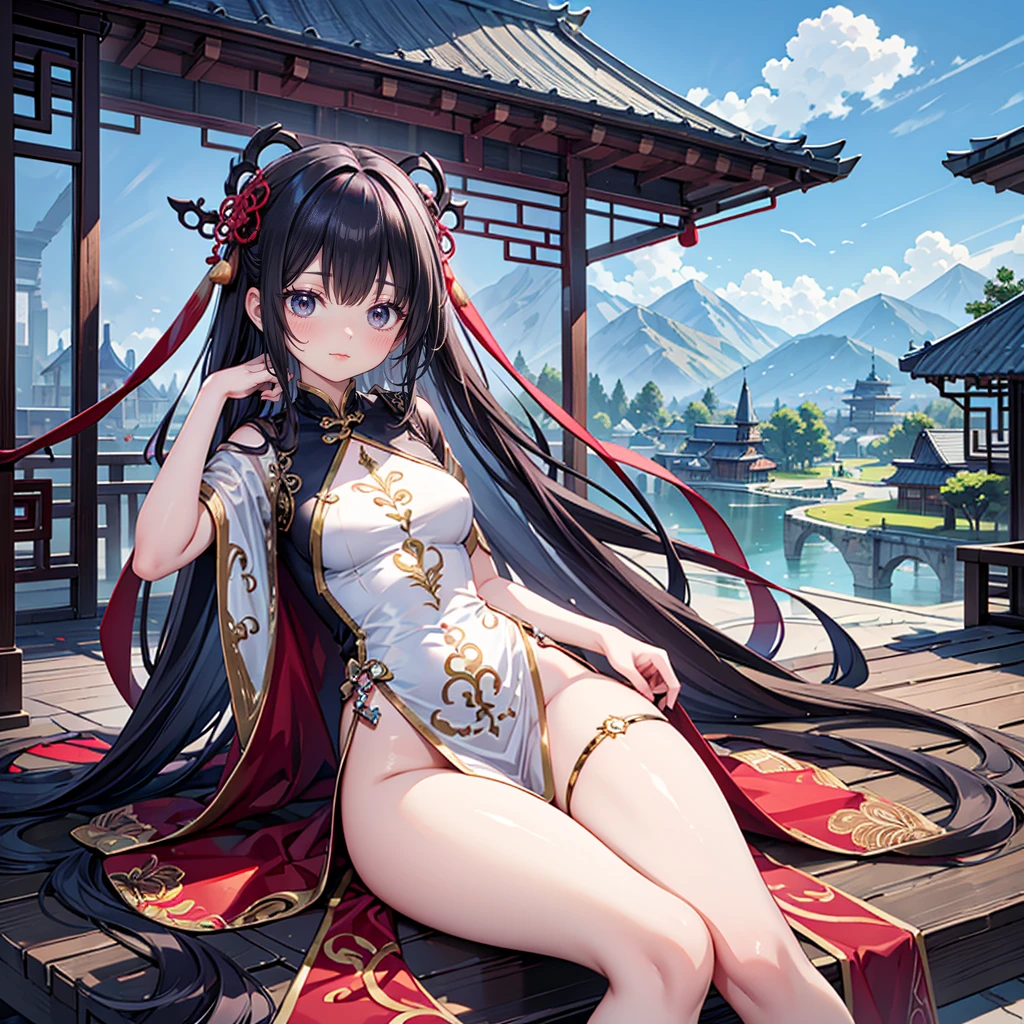 solo, 1 beautiful girl wearing chinese fantasy clothes, posing,  stunning beautyfull fantasy world background, panorama view