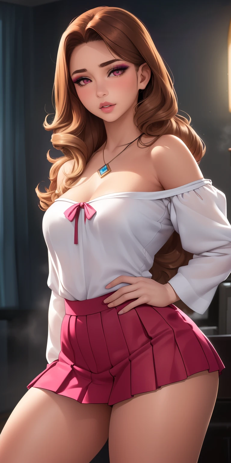 (work of art), (portraite), medium breasts (aesthetics), ((1 25 year old girl)), ((long  curly hair)), ((brown punk hair, long fluffy hair)), Wavy hair , Thin, open eyes, pink eyes, cute, Female One, Woman, Female One characteristics, high qualiy, roupas aestheticss, professional angle, (rule of thirds), Female One characteristics, standing alone, (attractive Korean Woman), spring time, (ink mist ), (natta), (vibrant light), seducer posture, ((guy looking forward))), thin strap blouse, Hip Long Off Shoulder Hip Hop Top Pleated Short Skirt ((energy)), (bold makeup), ( medium breasts), skin tanned, (Hip hop clothing details), (Top cut with *in* neckleace), (Beautiful neckleace), Body cute, gorgeous eyes, glare eyes, parted lips, beautiful mouth, beautiful lips, seducer pose and confident (best qualityer, ultra detali, photorrealistic: 1.39 ), bright and vibrant colors, studio lighting, romantic expression, seducer,