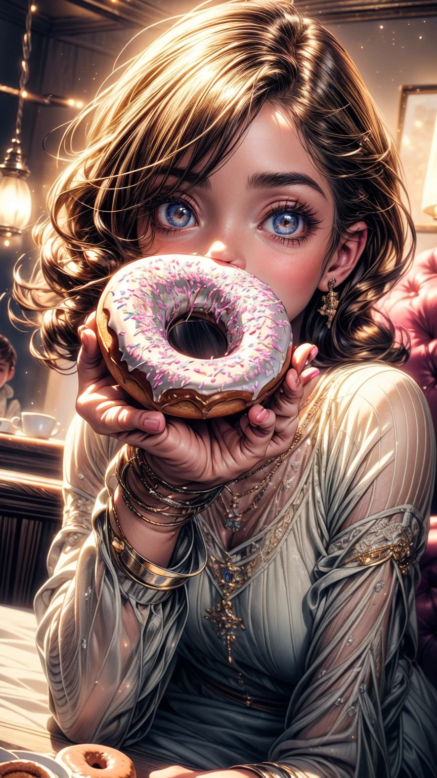 a middle-aged man eating donuts with a young girl, beautiful detailed eyes, beautiful detailed lips, extremely detailed eyes and face, long eyelashes, warm and cozy atmosphere, intimate family moment, soft lighting, pastel colors, oil painting, intricate details, masterpiece, photorealistic, 4k, hyperrealistic, high quality, elegant, beautiful, lovely, charming