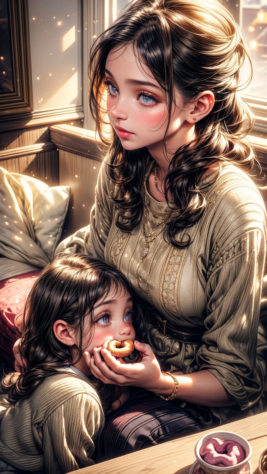 a middle-aged man eating donuts with a young girl, beautiful detailed eyes, beautiful detailed lips, extremely detailed eyes and face, long eyelashes, warm and cozy atmosphere, intimate family moment, soft lighting, pastel colors, oil painting, intricate details, masterpiece, photorealistic, 4k, hyperrealistic, high quality, elegant, beautiful, lovely, charming