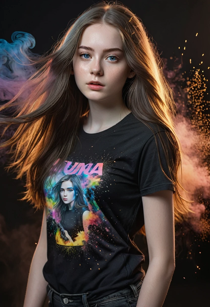 4D realistic image, ultra detailed realistic portrait of a stunning 18 year old woman,perfect skin,pale skin,fair skin,perfect eyes,ultra delicate face, wearing a black t-shirt, long flowing hair,((Gun)), soft lighting, intricate details on clothing and facial features, full body, longshot,exploding with fullcolor smoke particles splashing in background , colorful aesthetic with complementary colors .