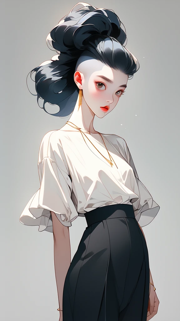 20 year old woman、black blue hair、ponytail、(high top fade:1.3)、dark theme、mute tone、calm colors、high contrast、(natural skin texture、hyper realism、soft light、sharp)、compensate, mascara, The color of the lips is muted, simple black background, minimalism, monotony, simple color palette, clean, sharp designs, flowing silhouette, tight skirt and pants, high waisted skirt and pants, simple dress, shirts and blouses, asymmetrical, geometric, Elegant and luxurious materials and design, simple, minimal accessories, Slim necklaces and rings in silver or gold, simple bangles, distinctive design, simple silhouette, simple and sophisticated style, grace, minimalism, high quality material, Cool and urban impression, high fashion, simplicity and sophistication,