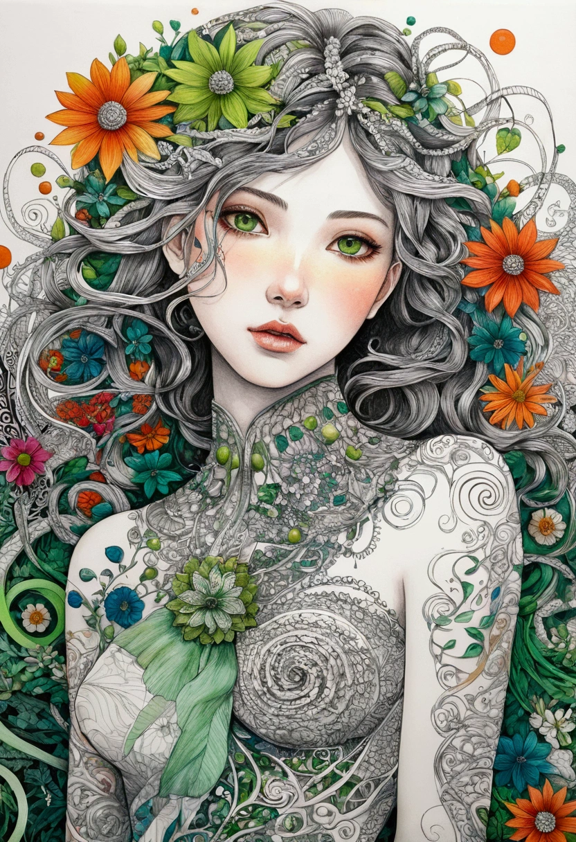 Official Art, colorful, Very detailed, beautiful and aesthetic, beautiful, masterpiece, Highest quality, (zenTangle, colorful, Tangle, enTangle), (Flower Ecstasy:1.2) Dynamic Angle, Girl To, the most beautiful form of chaos, elegant, Brutalist Design, Vibrant colors, Romanticism, whole body,The background is silver&green: Surrounded by a white aura、god々Shii、An illustration、12 years old、whole body