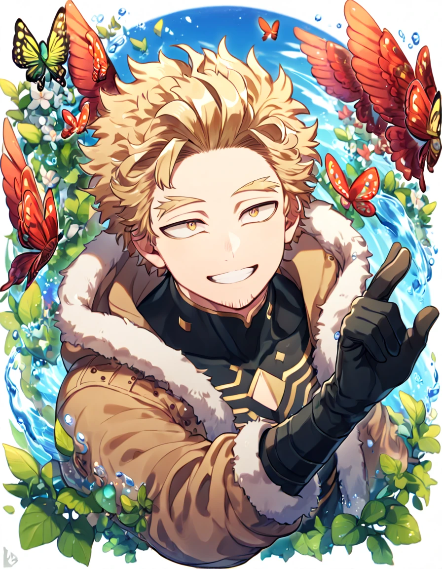 absurdres, highres, ultra detailed, HDR, master piece, best quality, extremely detailed face, delicated features, Hawks, ash-blonde hair, expressive golden brown eyes, faint stubble, Boku No Hero Academia, solo, sexy man, handsome, handsome smile, red wings, brown jacket with fur, black tight shirt with patterns, black gloves, fantasy, magical, butterflies, summer, green leaves, flowers, water