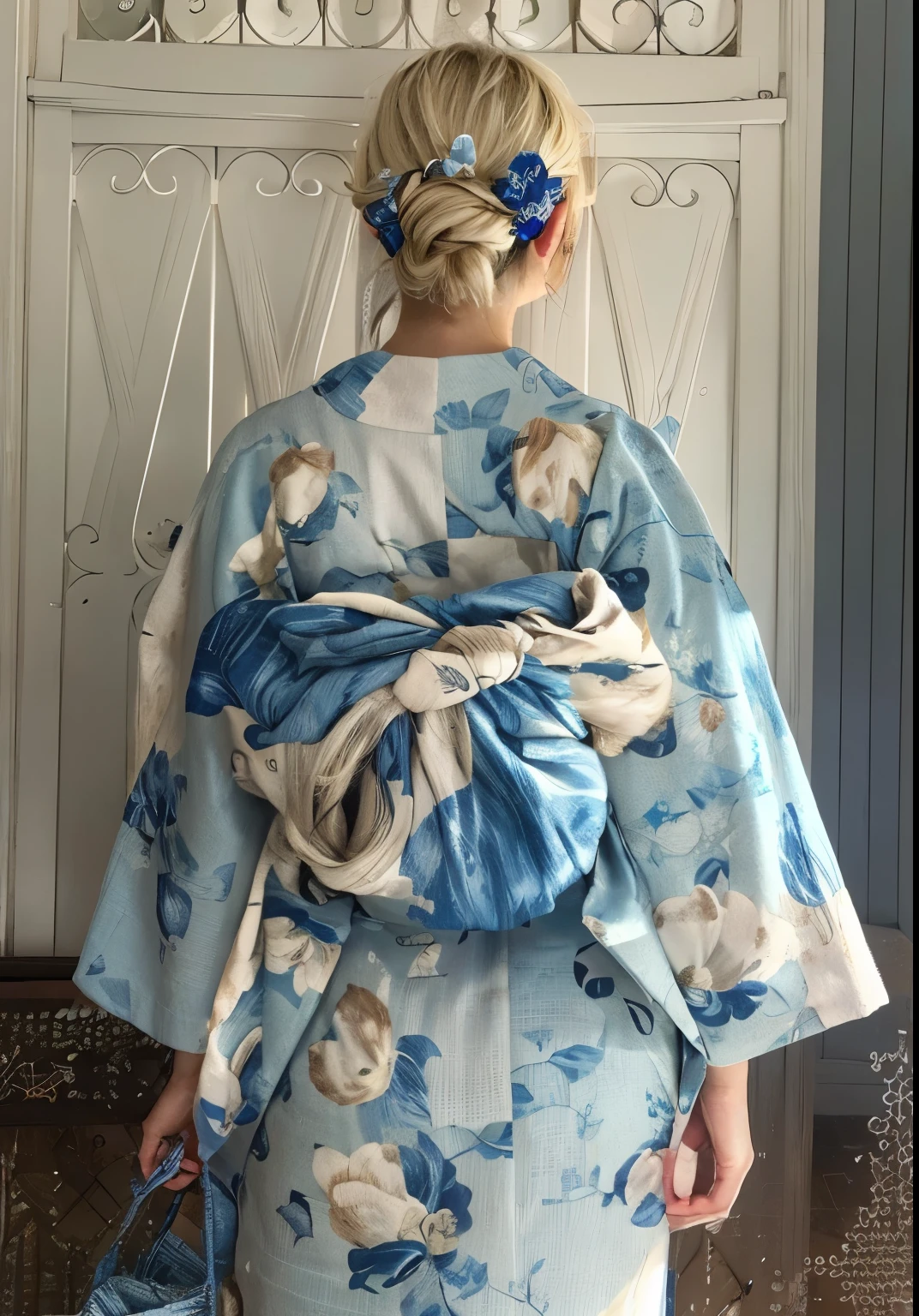 ((Highest quality)), ((masterpiece)), (detailed), (((back of head))),（Blonde）,（yukata),girl, Mature Woman, /(Blonde/),yukata,Back view,Beautiful Hairstyles,backstyle,Hair Arrangement,Upstyle,White skin,Japanese women,Light blue kimono,Light blue outfit,Beautiful Obi,Cute hair accessories

