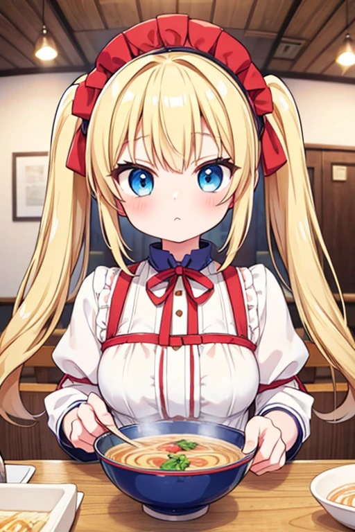Eat a large bowl of Jiro ramen,Highest quality,Blonde with blue eyes、Lolita、Small breasts、Twin tails、girl'mischief,smile,