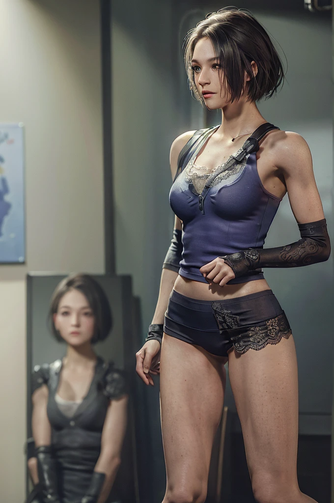 jill valentine,Natural light, masterpiece, Very detailedな,Absurd,Highest quality,Very detailed,Detailed face,Particles of light, Lighting, (Very detailed:1.2),(Detailed face:1.2), (Gradation), software, colorful,(Big eyes:1.2),basement,Lace bra with ribbon,,(((slim, Tight waist, Thin thighs,Thin arms,Small breasts))),((Intricate details on tight panties)),((Cute lace tight underwear with attention to detail,Kneeling posture,Please show me your armpits,View from behind))