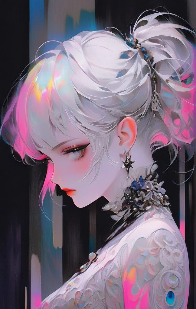 Shots from very long distances, (Big eyes, Your eyes are delicate and beautiful., Beautiful and delicate face, Full body details), (prism shading, Holographic Environment, Chromatic:1.2) 、Beautiful with intricate flower tattoo on neck、Exudes elegance and beauty.,In the style of neon realism, Dark pink and light black, Gothic Art Nouveau, Deep white and indigo, Bold yet elegant, Cyberpunk Manga, Attention to detail in the costumes