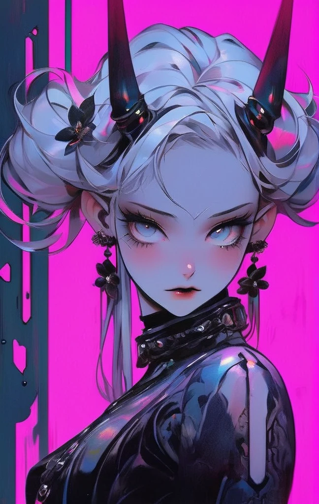 Shots from very long distances, (Big eyes, Your eyes are delicate and beautiful., Beautiful and delicate face, Full body details), (prism shading, Holographic Environment, Chromatic:1.2) 、Beautiful with intricate flower tattoo on neck、Exudes elegance and beauty.,In the style of neon realism, Dark pink and light black, Gothic Art Nouveau, Deep white and indigo, Bold yet elegant, Cyberpunk Manga, Attention to detail in the costumes