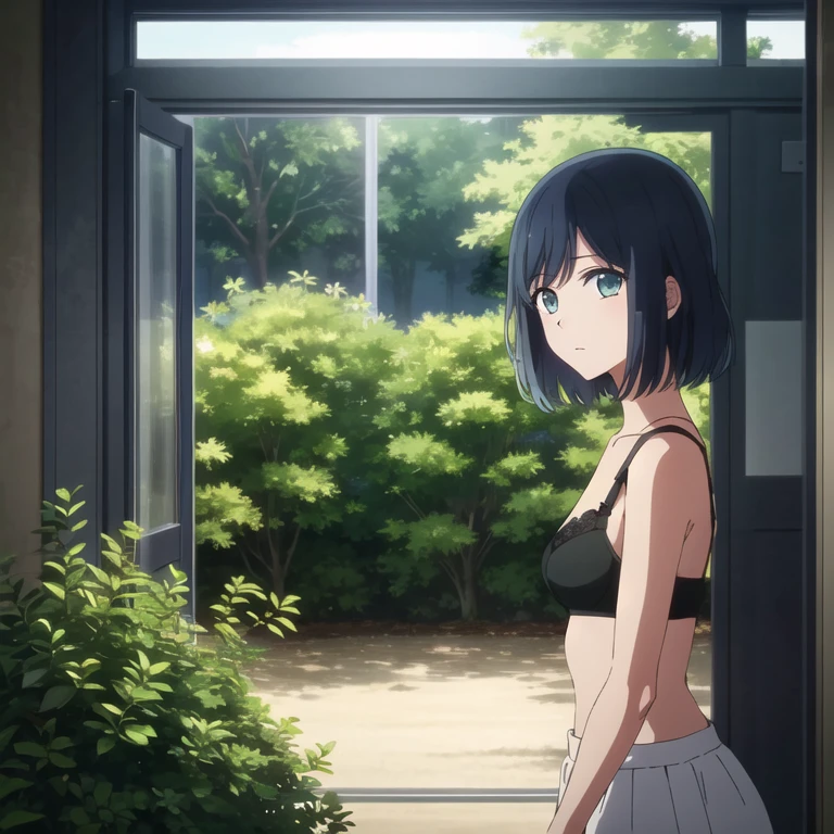 work of art, high qualiy, 8k, beautiful lighting, 1 girl, standing alone, AKANE, portraite, shrub, looking ahead at viewer, black pantyhouse, black bra, Room, medium breasts, shorth hair