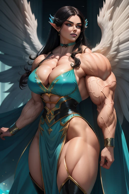 (Close-up), tall, (cyan hair) beautiful muscular woman, long beachy hair, pale white skinned, closed smile, (black lipstick), ((massive muscles)), (hyper muscle), ((ginormous bulky muscles)), (glowing purple eyes), (sparkling cyan cheongsam dress, long skirt), (giant angel wings), gauntlets, choker, thigh high boots, (carrying thunder), (in the Sky)