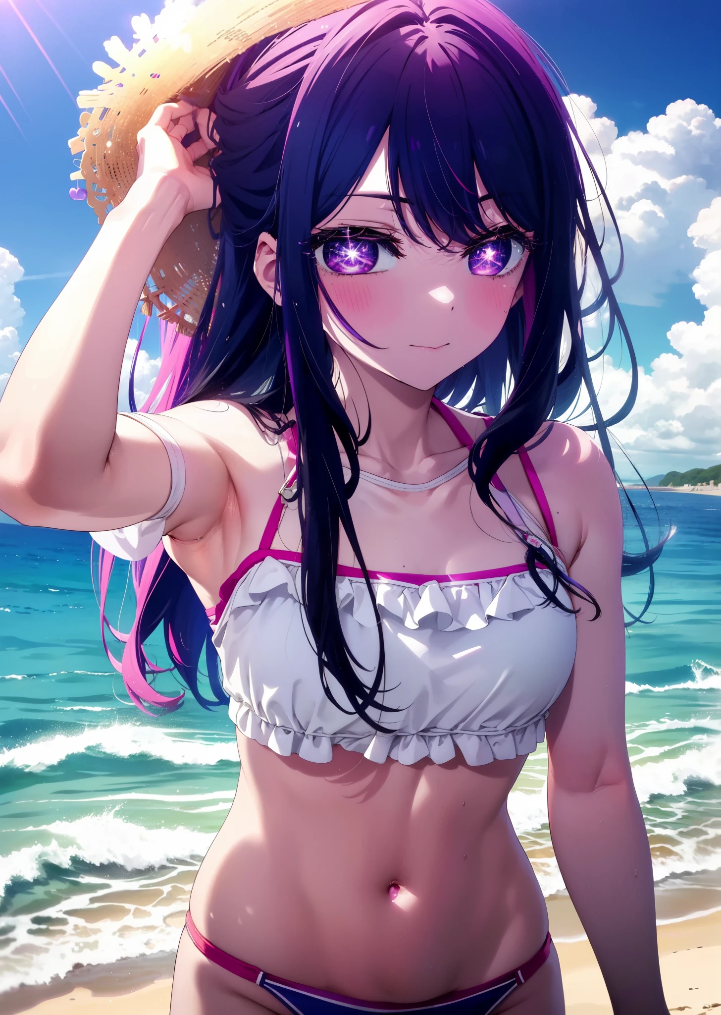 aihoshino, Ai Hoshino, Long Hair, bangs, (Purple eyes:1.1), Purple Hair, (Symbol-shaped pupil:1.5), smile,Open your mouth,Bikini Swimwear,Water Play,Clear skies,Daytime,True Summer,whole bodyがイラストに入るように,Stroll along the sandy beach,
break outdoors, Beach,
break looking at viewer, whole body,(Cowboy Shot:1. 5)
break (masterpiece:1.2), Highest quality, High resolution, unity 8k wallpaper,, (shape:0.8), (Beautiful attention to detail:1.6), Highly detailed face, Perfect lighting, Highly detailed CG, (Perfect hands, Perfect Anatomy),