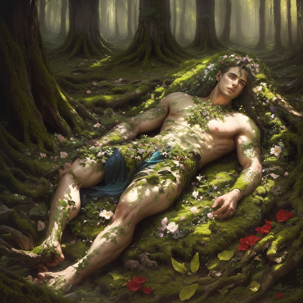 painting of a naked man lying on a mossy rock in a forest, flowers growing on your body, fantasy artistic painting, god of nature, god of the forest, the non-binary deity of spring, realistic fantasy painting, surreal art and fantasy, arte masculina, amazing fantasy art, druid nature dreaming, fantasy art smile smug man, hyperrealistic fantasy art