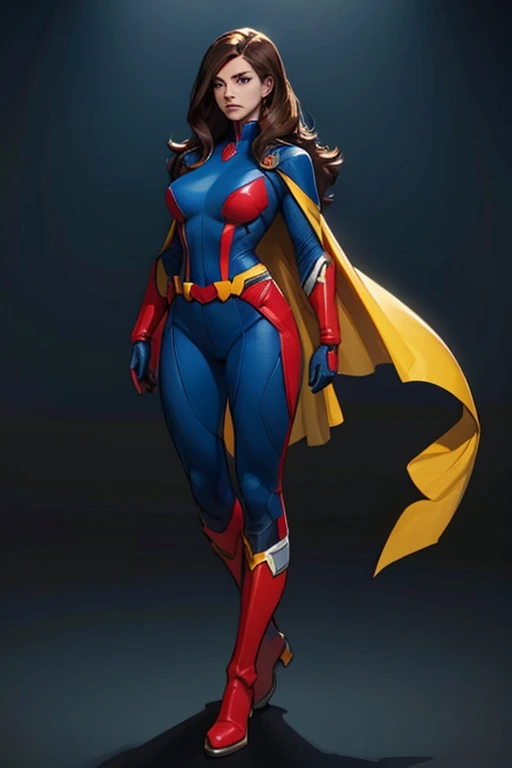 A female superhero with a yellow supersuit and a red with dark blue cape. She also has dark blue gloves and boots. The female superhero is brunette, her long hair is dark and is tied
