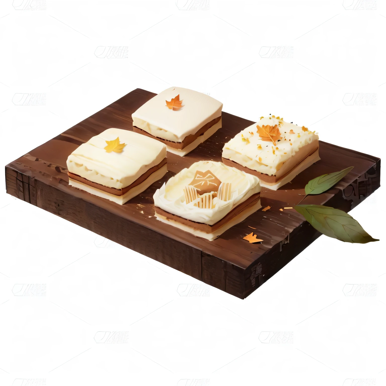 There are four pieces of cake on a wooden board，Covered with leaves, caramel, Anime Food, On wooden pallet, Black person, Hyper-realistic food pictures, koji morimoto shinjuku, 2 0 2 4, 2024, Isometric 2D Game Art, Cozy cafe background, baking artwork, What do you do, Shogakukan