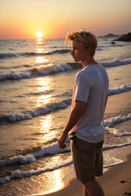 Tanned blond 17 year old boy looking at the sea at sunset on the beach anime