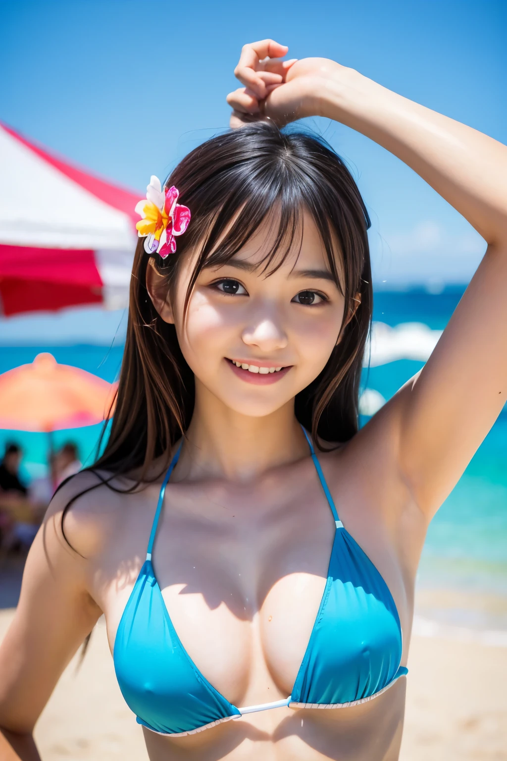 (Best-quality, Masterpiece, Ultra-High-Resolution, (Photorealistic:1.4), Raw Photo, depth of field, professional lighting, perfect anatomy, extremely details), 1girl, 15-years-old, the most famous Japanese idol, having fun at summer-clear-beach, ((((extremely realistic cute-face, extremely realistic cute-eyes, extremely realistic skins)))), wearing bikini with cute-design, innocent smile