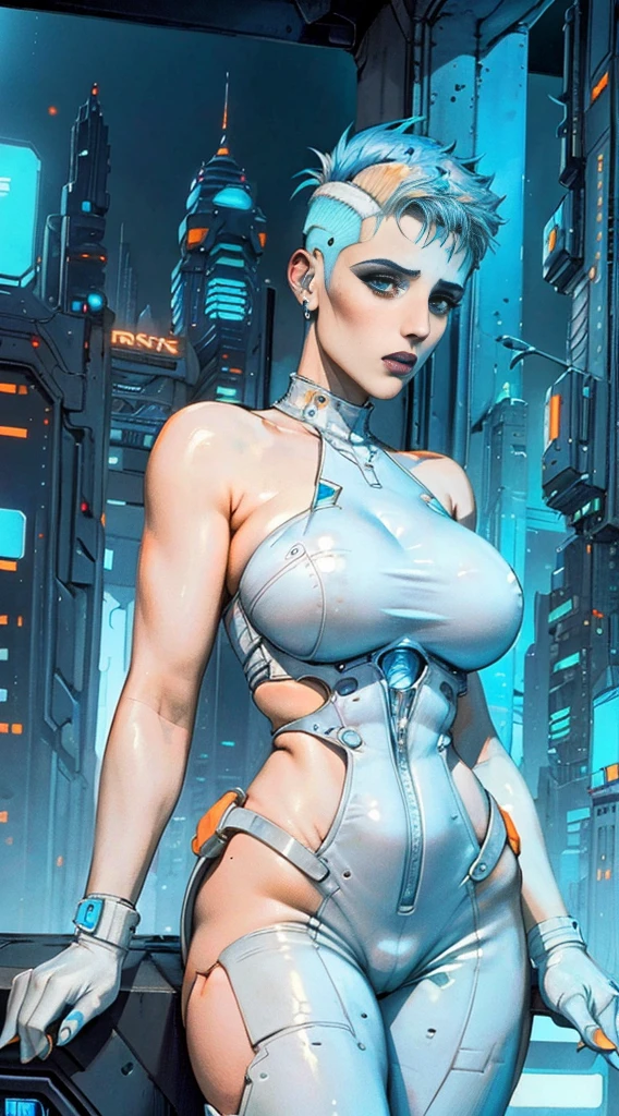 Stefania Ferrario, pale skin, short blue hair shaved on the sides, wearing a white and orange futuristic cyberpunk costume, at night on top of a building, 8k, artgerm julie bell beeple, Wojtek FUS, bipe. hyper- realism, arte do bipe, Beeple Daily Art