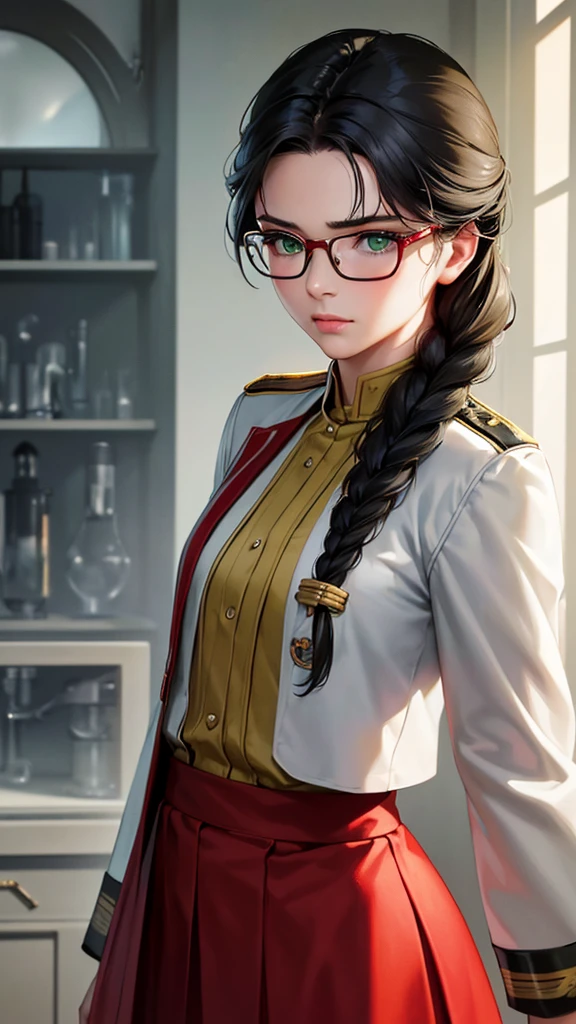 (highest resolution),(beautiful picture),(สไตล์ภาพscience fiction),(best quality),(Masterpiece),(Highly detailed),((semi-realistic)), Maximum face resolution, adult, woman, small, black hair, double braid hairstyle, smooth, green eyes,red glasses,military uniform,long skirt,white coat,faint,future,science fiction 