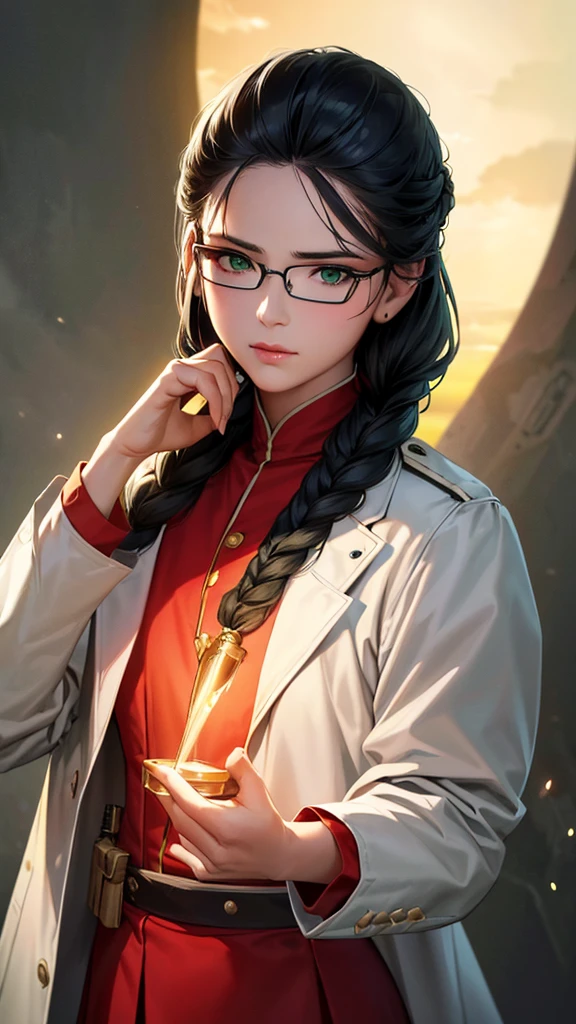 (highest resolution),(beautiful picture),(สไตล์ภาพscience fiction),(best quality),(Masterpiece),(Highly detailed),((semi-realistic)), Maximum face resolution, adult, woman, small, black hair, double braid hairstyle, smooth, green eyes,red glasses,military uniform,long skirt,white coat,faint,future,science fiction