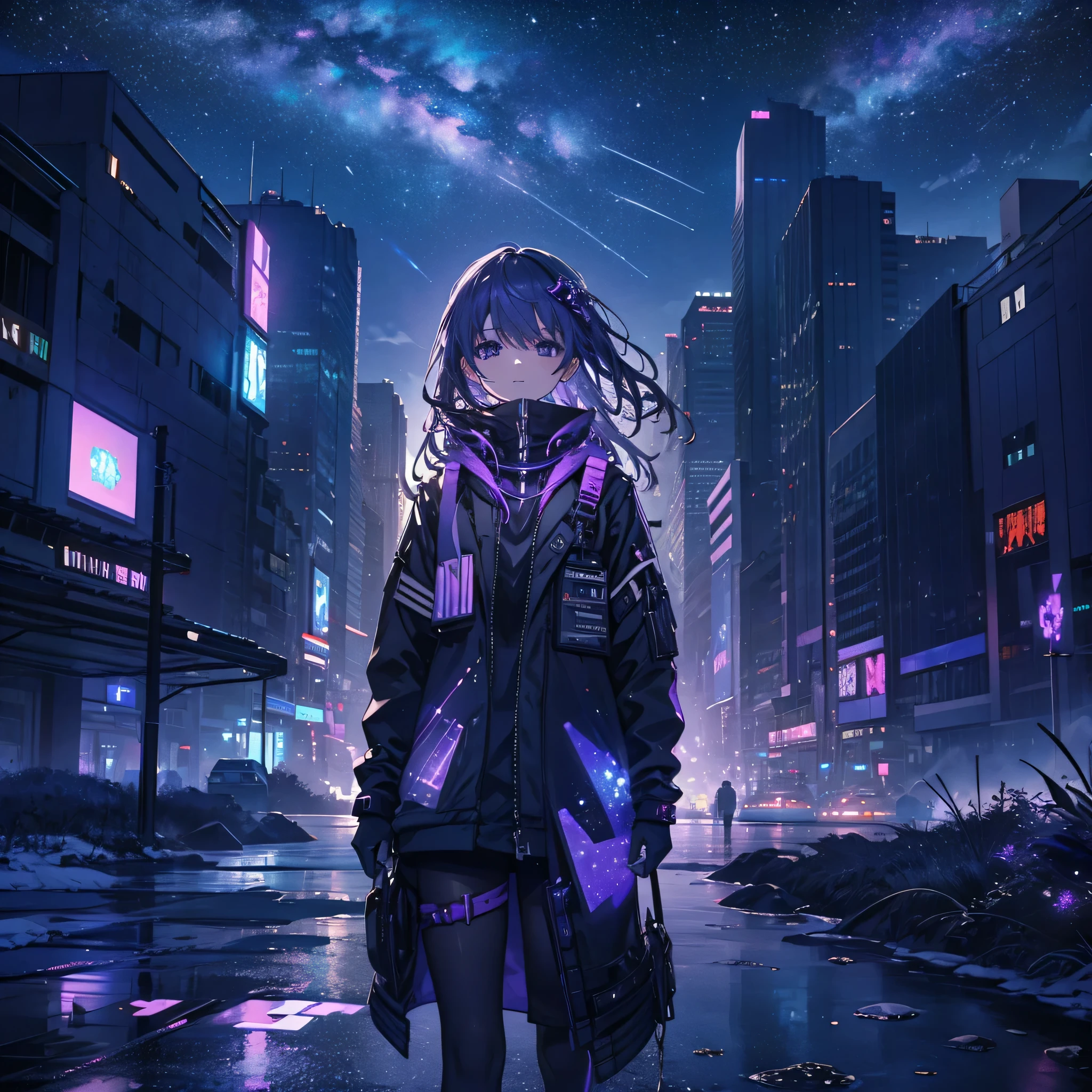 Starry sky with constellations, Purple hue like a nebula, Vast space, The Bottom of Cyberpunk City,