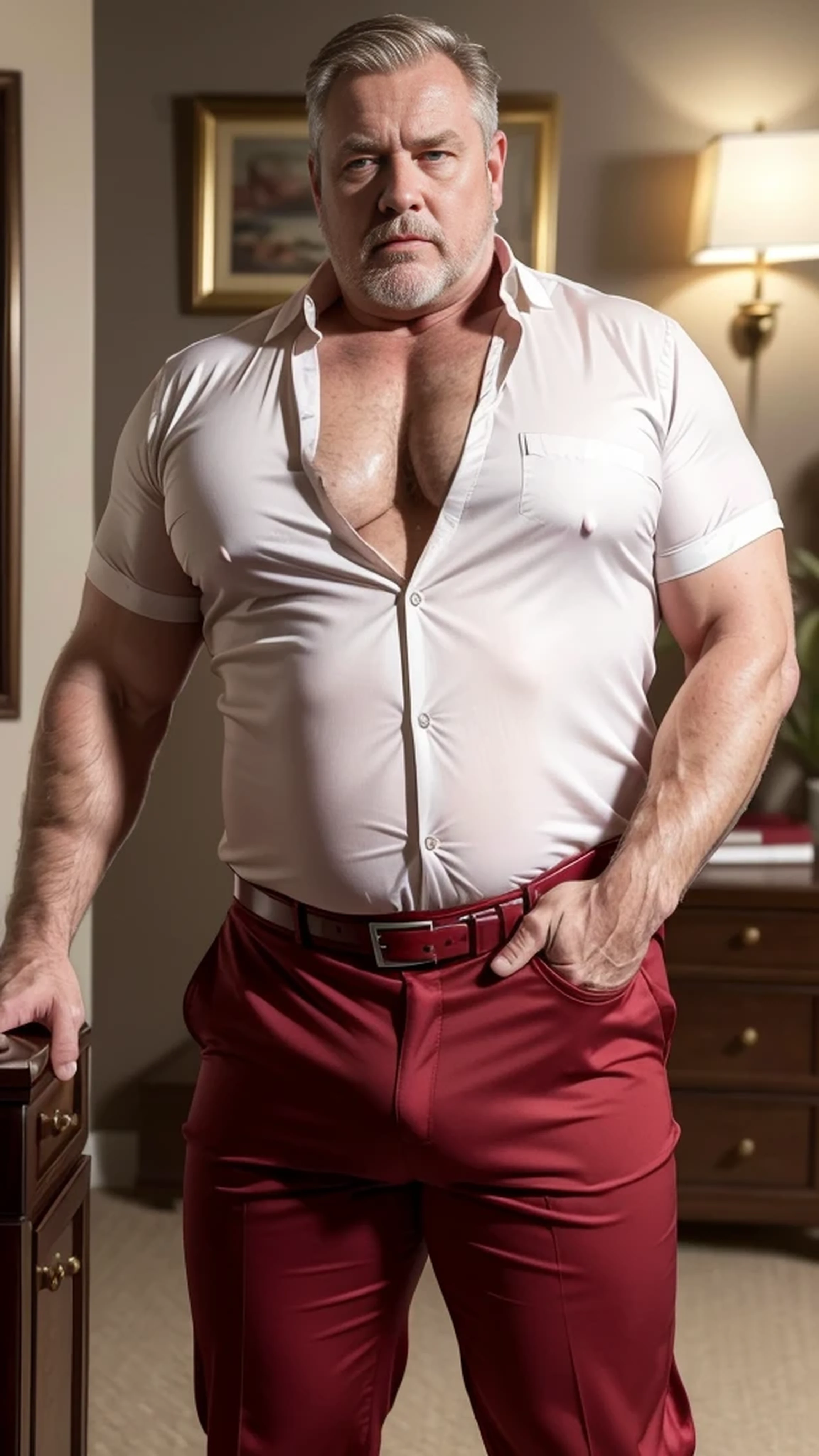 (best quality,4k,8k,highres,masterpiece:1.2), age 60, white man, horny disgusting, muscular chubby, kind, opened red silk shirt, mature daddy, Dress Pants with big bulge, hairy chest hard nipple, belt, loafer,