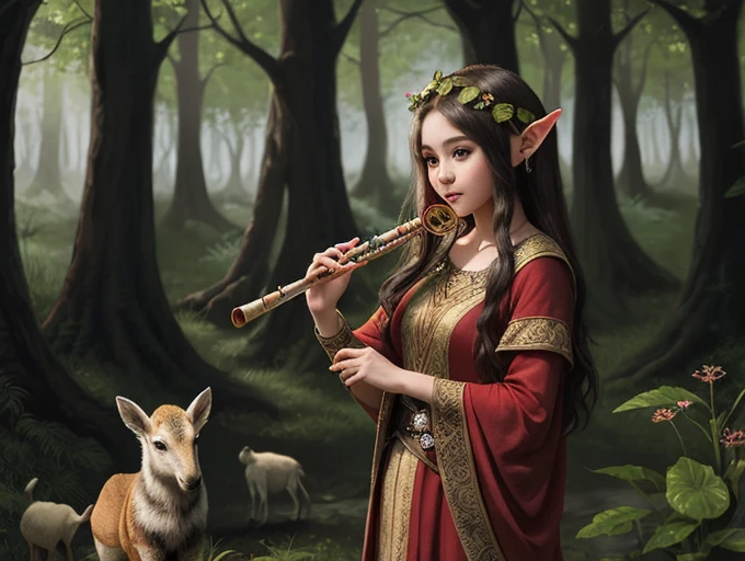 A young elf who lived in the magical forest of shadows .She is a beautiful elf who enchants everyone with her magic flute, she plays her flute through the forest .She playing her flute and the animals gathering near her 