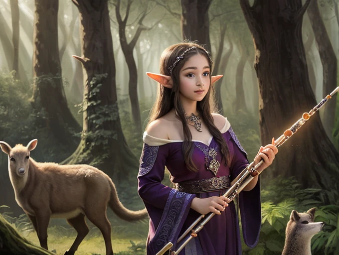 A young elf who lived in the magical forest of shadows .She is a beautiful elf who enchants everyone with her magic flute, she plays her flute through the forest .She playing her flute and the animals gathering near her