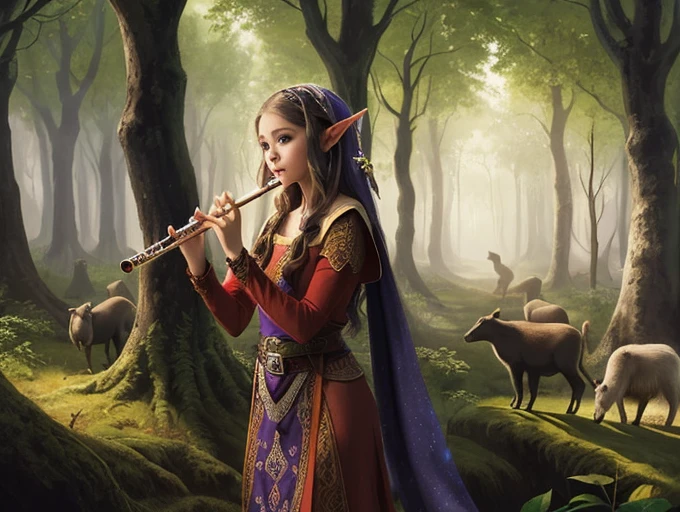 A young elf who lived in the magical forest of shadows .She is a beautiful elf who enchants everyone with her magic flute, she plays her flute through the forest .She playing her flute and the animals gathering near her