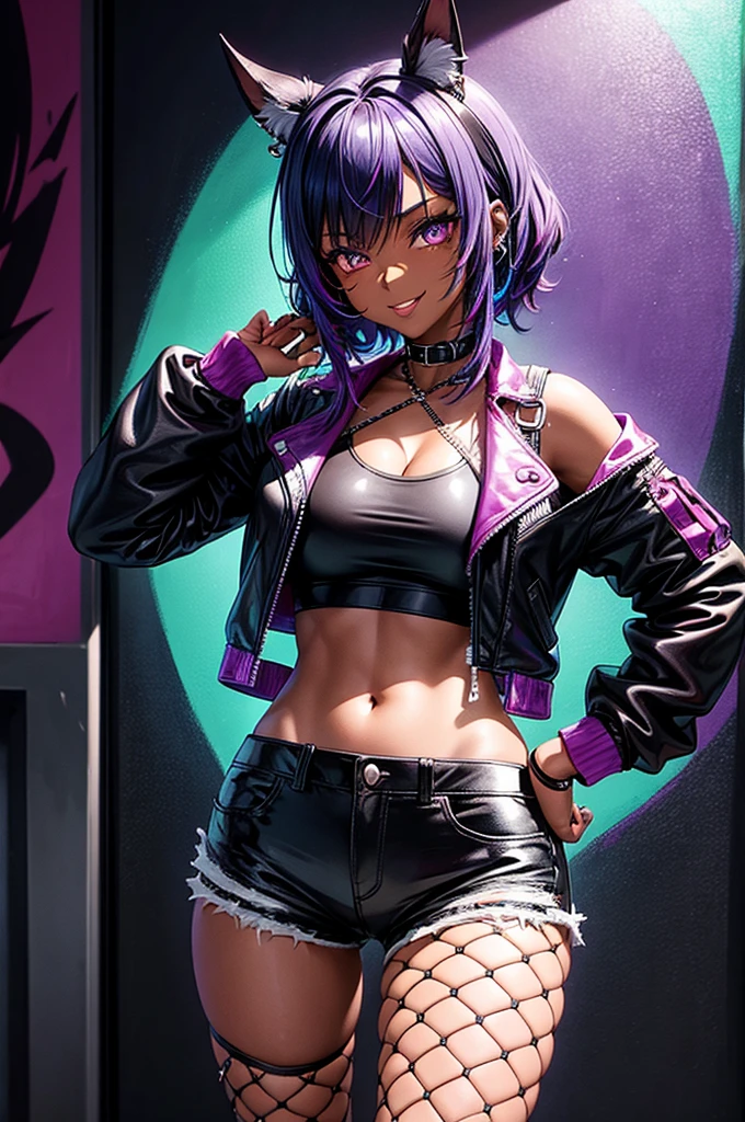 1 girl, anime style, dark skin, black woman, beautiful, 18 years, make-up, passionate look, naughty smile, waifu, close-up picture, zoom, portrait, colorful punk style, punk outfit, stylist, purple leather jacket, fishnet tank top, black jeans shorts, cleavage, fishnet pantyhose, fishnet leggings, leather gloves, standing, showing body, hands behind her head, posing in a dark alley, colorful graffiti on the walls, colorful walls, soft lighting, nighttime, midnight, ray tracing, award winning, photorealistic, 8k