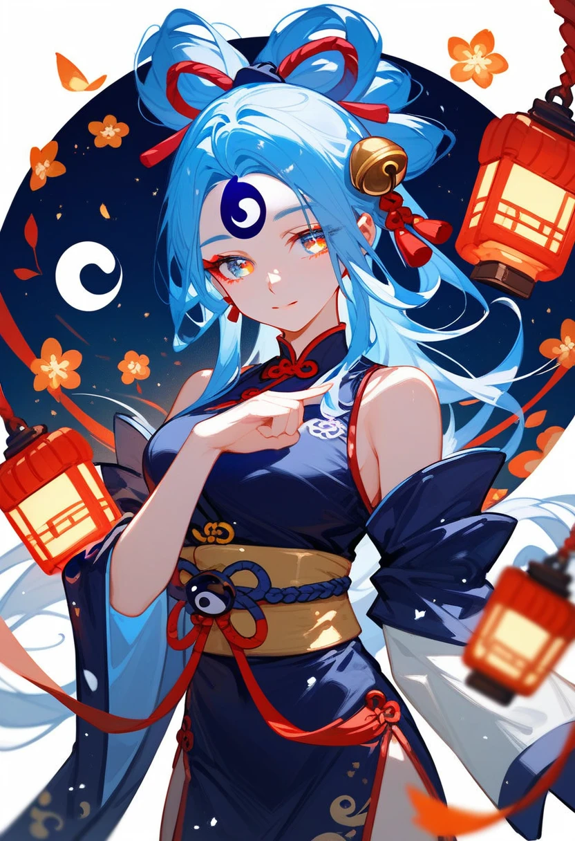 (Fraction_9,Fraction_8_Direction_7_up),（1 woman），Onmyoji，Blue-red-white color scheme，Bell，ribbon，Yin and Yang Eyes，Chinese Clothing，Jade Rabbit，Lantern in hand，