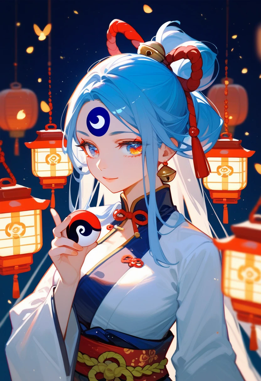 (Fraction_9,Fraction_8_Direction_7_up),（1 woman），Onmyoji，Blue-red-white color scheme，Bell，ribbon，Yin and Yang Eyes，Chinese Clothing，Jade Rabbit，Lantern in hand，