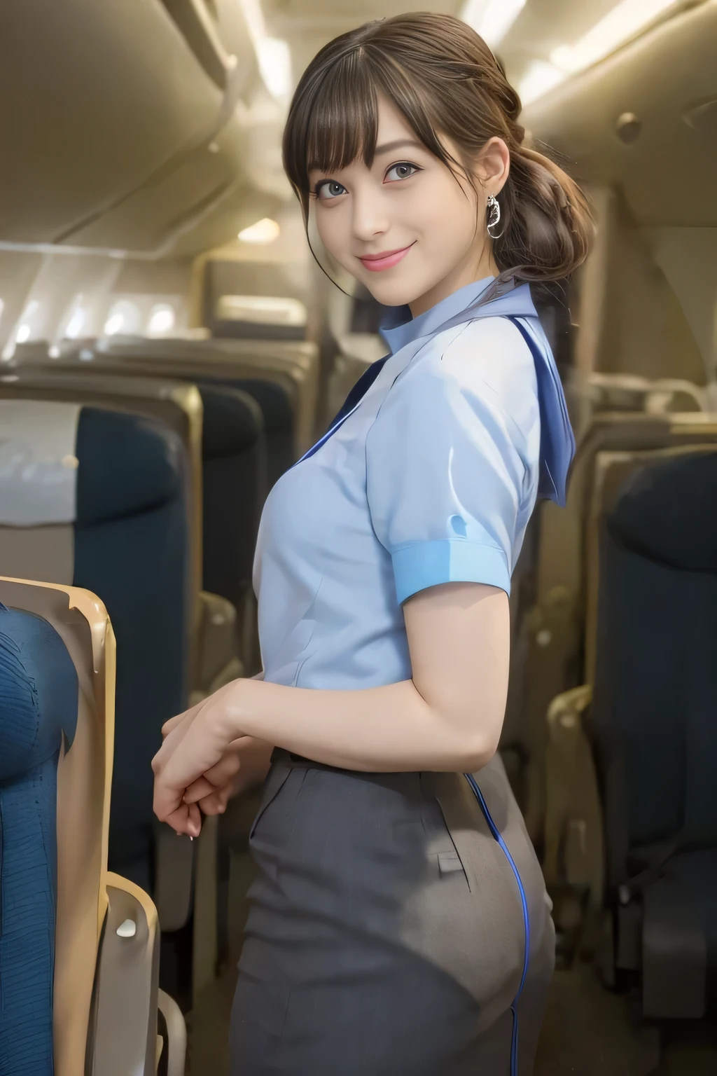 (masterpiece:1.2, Highest quality:1.2), 32k HDR, High resolution, (alone, 1 girl), (ANA cabincrew uniform blue uniform real style), A proper woman, Beautiful Face, Brown Hair, (Long Hair、hair bun), (ANA cabincrew uniform blue uniform blouse:1.05, Light blue scarf、Skirt with blue lines on the buttocks:1.1, pantyhose),、(long hair that reaches to the feet)、Perfect slim body:1.1, Huge breasts, huge breasts cleavage, Detailed skin texture, Beautiful Eyes, (smile:1.2), necklace、Earrings、(forward leaning posture:1.5), On the roof of a building, Rooftop in the daytime,Blue eyes、Hands fold underneath