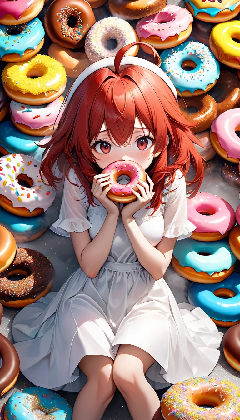 cute girl, red straight hair, ahoge, surrounded by many donuts, stuffing her mouth full of donuts, wearing white dress, (ultra detailed, absolutely resolution, best quality:1.3), 2.5D, delicate and dynamic, hyper realistic, artistic photography, graphic CG digital art, cartoon-style, shading effects, glitter effects, foggy filter effects, background many colorful donuts